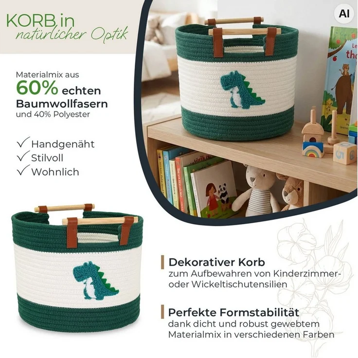 HMF Aufbewahrungskorb Aufbewahrungskorb mit Holzgriffen, runder Korb, für Kinderzimmer oder Babyzimmer, Dinosaurier, 30 x 30 x 24 cm – Bild 2