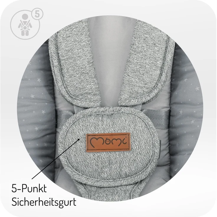 MoMi Babywippe PEARL für Babys bis 9 kg, 360° drehbarer Sitz, LED-Panel, Bluetooth, Fernbedienung, Batterie- oder Netzbetrieb, Netzteil mit USB-Kabel, 5-Punkt-Sicherheitsgurt, Bügel und Spielzeug – Bild 4