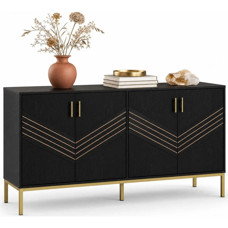 DESVIAE Sideboard mit 4 Türen und verstellbaren Einlegeböden 160x80,5x40 cm MDF Schwarz Holzoptik – Bild 7