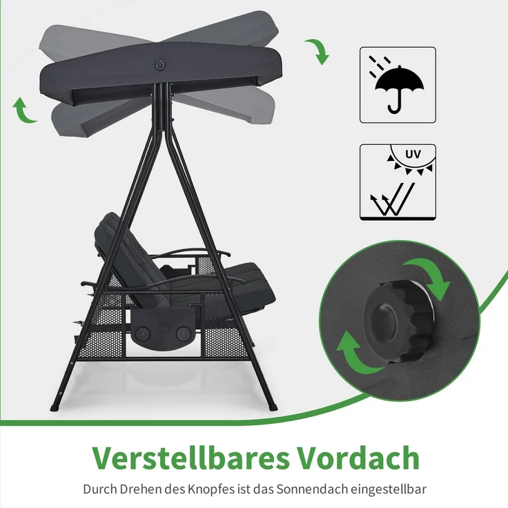 M MCombo 3-Sitzer Hollywoodschaukel mit Liegefunktion, Verstellbarem Sonnendach & Getränkehalter, Gartenschaukel bis 360kg Belastbar Schaukelbank Outdoor Wetterfest, 4093 (dunkgelgrau) – Bild 5