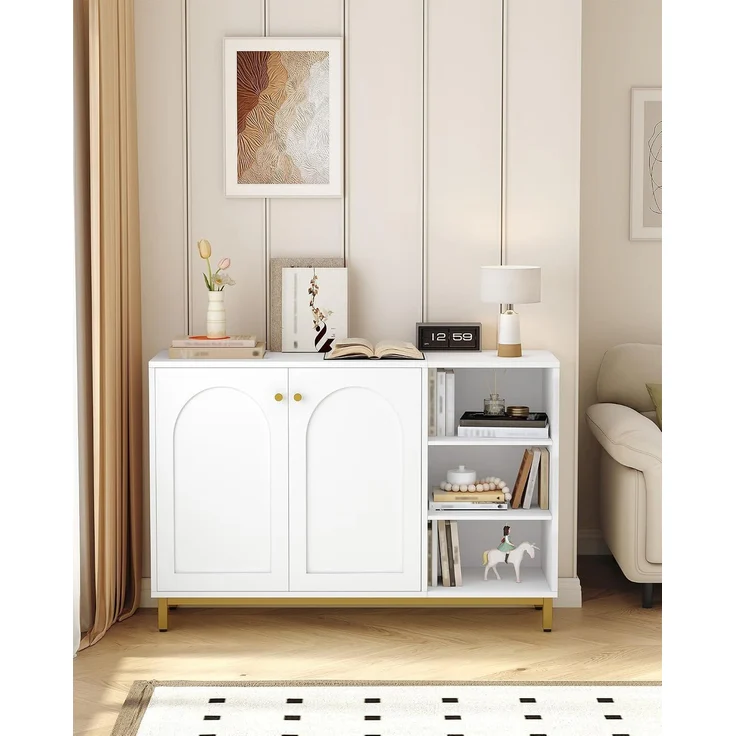 Badezimmerschrank, Sideboard, Küchenschrank mit 2 Türen, Beistellschrank, Badschrank mit offenem Fach, Kommode, verstellbare Ablage, Badezimmer, 35 x 120 x 80 cm, Weiß-Gold – Bild 8