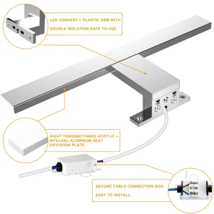 Aourow 30CM LED Spiegelleuchte 5W 500 Lumen,Badezimmer Spiegellampe Kaltweiß 6000K,Badleuchte Edelstahl IP44 Wasserdicht für Spiegel,Kein Flimmern Schrankleuchte 230V für Das Bad – Bild 6
