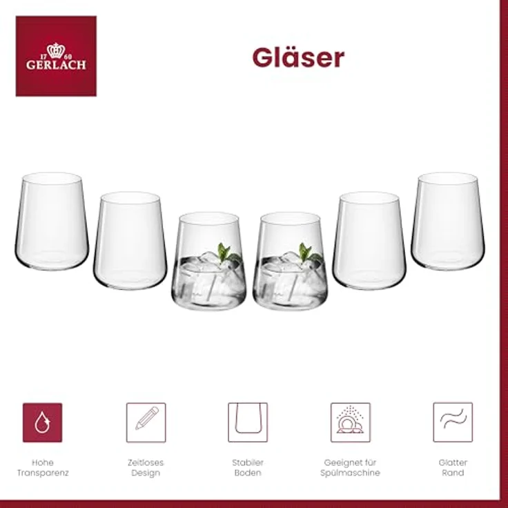 Gerlach 1760 Gläser Set 6 Stück 430 ml Trinkgläser Wassergläser Cocktailgläser Saftgläser Glas Dessert Spülmaschinenfest Modern – Bild 3