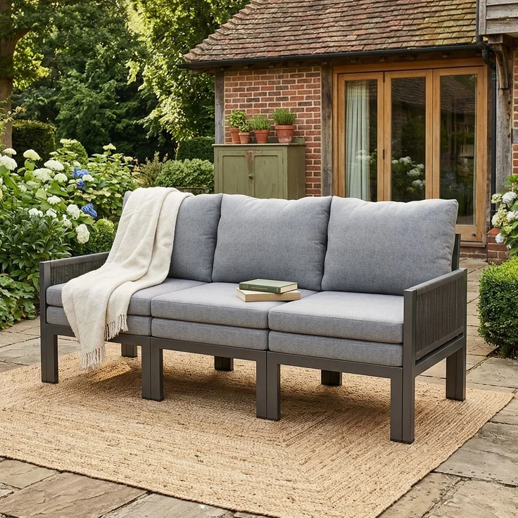 Merax Gartenmöbel-Set, Outdoorsofa, 3-Sitzer-Sofa, Multifunktionales Sofa, lässt sich in einen Liegesessel verwandeln, verzinktes Eisen, grau – Bild 3