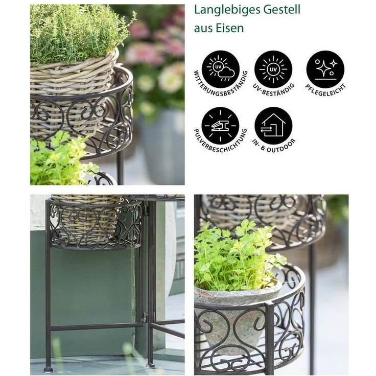 Dehner Blumenständer Blumenhocker Antik, 65 x 49 x 37.5 cm, Eisen pulverbeschichtet, braun, Pflanzentreppe im nostalgischen Design bietet Platz für 3 Pflanzen – Bild 2