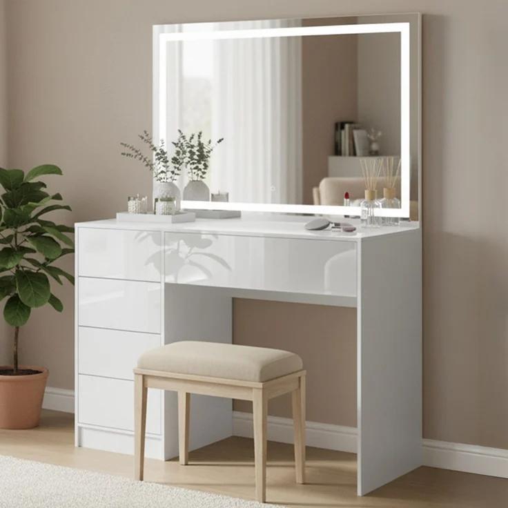 Bellamio 'Livny' Schminktisch mit Spiegel, LED-Beleuchtung, mit 5 Schubladen, beidseitig montierbar, weiß Hochglanz, 80x53x110 cm, LED-Beleuchtung mit mit 3 einstellbaren Lichtfarben – Bild 1
