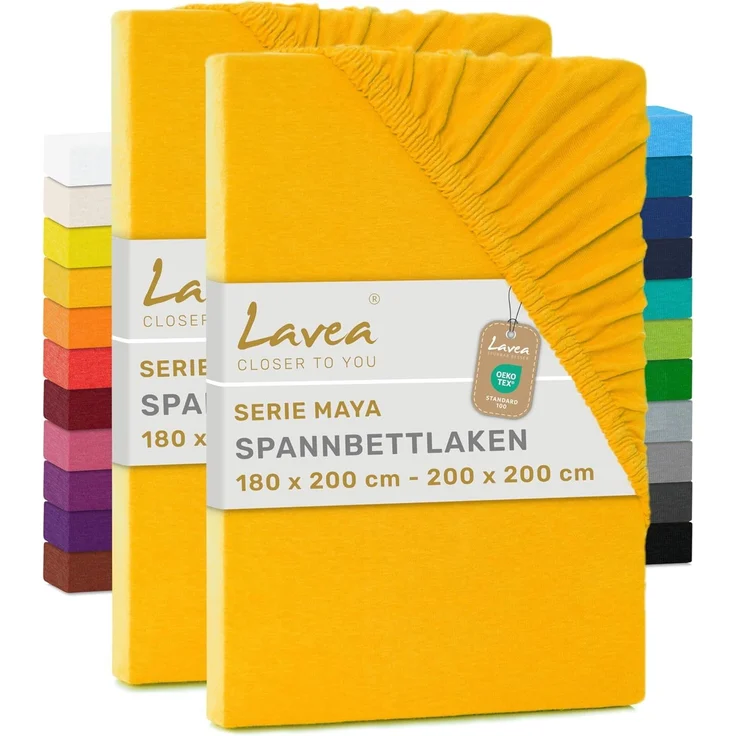 2er Set Spannbettlaken - Serie Maya Doppelpack Spannbetttuch für Matratzen bis 20cm - 180x200 cm | 200x200 cm, Goldgelb, 100% Baumwolle, hochwertige Verarbeitung, mit Gummizug