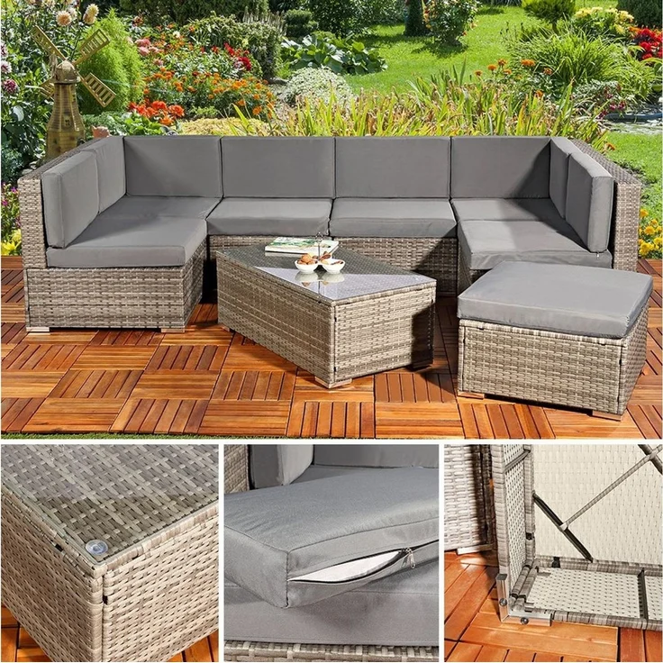 Feel2Home Garten-Essgruppe Gartensitzgruppe Terrassenmöbel Polyrattan Lounge versch. Farben, (Set, 1x Mehrteiliger Sofa 1x Ottomane 1x Tisch), Kissen inkl. Reißverschluss, daher abnehm- und waschbar – Bild 3