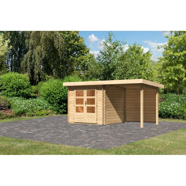 Gartenhaus Bastrup 2 - 420x237 cm mit Anbaudach 2,00 m mit Rückwand, 28 mm Holz naturbelassen