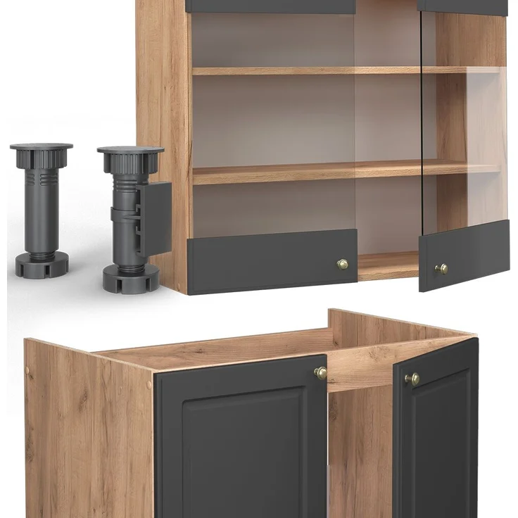 Küchenzeile Fame-Line Anthrazit Landhaus/Goldkraft Eiche 235 cm ohne Arbeitsplatte Vicco – Bild 5