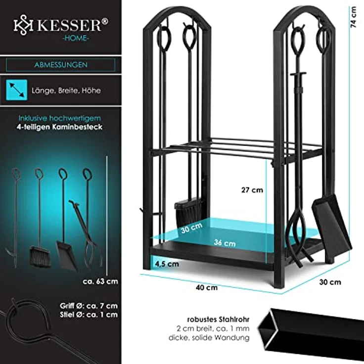 KESSER® Kaminholzregal 5-teiliges Set Kaminholzständer Feuerholzablage Brennholzregal Innen und Aussen Metall 2 Ebenen mit 4 Kaminwerkzeug für Kamin & Ofen, Stahl 40 x 30 x 74,5 cm Verstellbare Schwarz – Bild 7