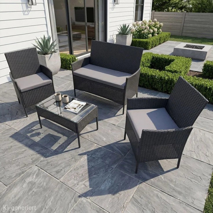 SVITA Sitzgruppe BROOKLYN, (Set, Gartenlounge mit Abdeckhaube), 4-teilig, Polyrattan Lounge Set, wetterfest, inkl. Kissen, Schwarz – Bild 3
