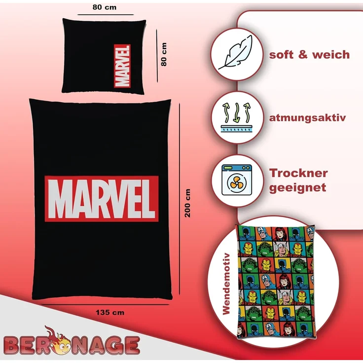 BERONAGE Jugendbettwäsche Marvel Logo Bettwäsche schwarz Linon / Renforcé, 2 teilig, 135x200 + 80x80 cm – Bild 2