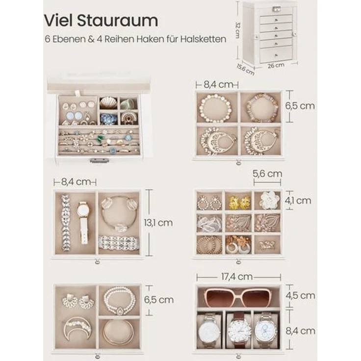 Songmics Schmuckkasten, Schmuckschatulle mit 6 Ebenen & seitlichen Klapptüren, MDF Natur, 15,6 x 26 x 32 cm – Bild 5