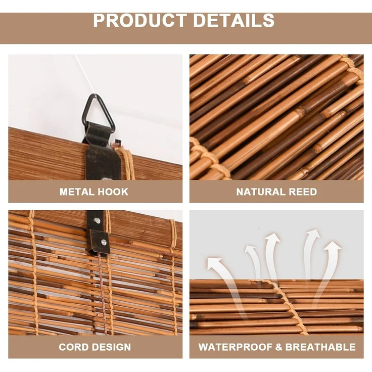 Bambus Rollo 40x130cm (Breite x Höhe) Sichtschutz und Sonnenschutz Jalousie Vorhang für Fenster, Tür, Balkon und Garten | Handgefertigtes Bambusrollo aus Schilfrohr mit Seiljustierung Wohnzimmer – Bild 7
