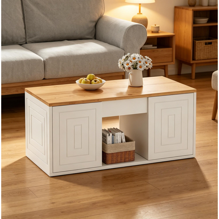 DESVIAE Couchtisch höhenverstellbar mit 2 Schranktüren 95x46x45 cm Spanplatte Weiß/Naturholz – Bild 2