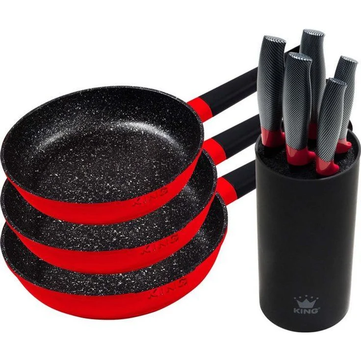 KING Pfannen-Set Shine Red, Aluminiumguss (Set, 3-tlg, je 1 Bratpfanne Ø 20/24/28 cm, H: 5/5,5/6 cm, - 1/1,9/2,5 l), Induktion, mit 6-teiligem Messerblock – Bild 4