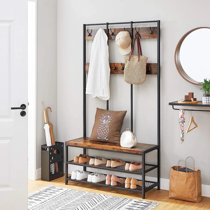 Vasagle große Garderobenständer mit Sitzbank im Industrie Design, Garderobe mit 12 Kleiderhaken und Schuhregal, Flurregal, Flur, Diele, Schlafzimmer, stabiles Eisengestell, 100kg, von Songmics, HSR86BX – Bild 3