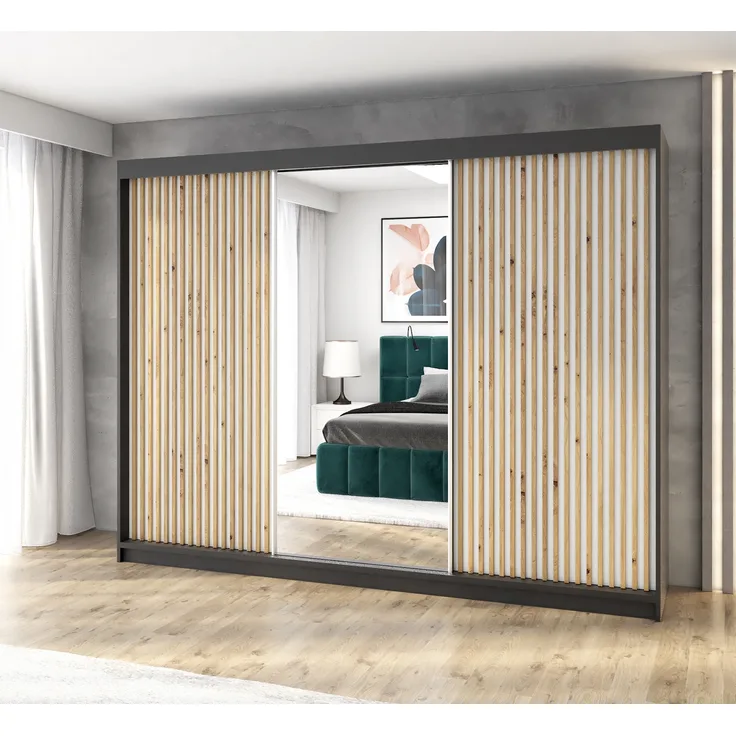 A&J MöbelLand Schwebetürenschrank FARA 200 cm, mit 4 Schubladen, Spiegel, 3D Lamellen