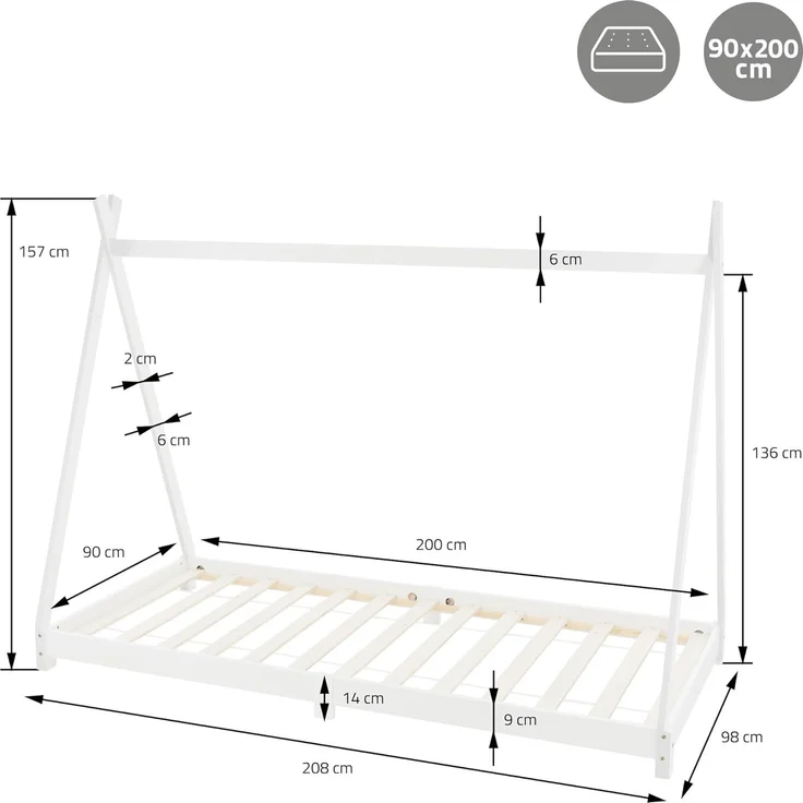 ML-DESIGN Kinderbett Hausbett Tipi Zeltbett inkl. Lattenrost Bodenbett Kinder Himmelbett, Abenteuerbett zum Spielen Zelt Spielbett Kiefer Bettenhaus Bett Weiß – Bild 9