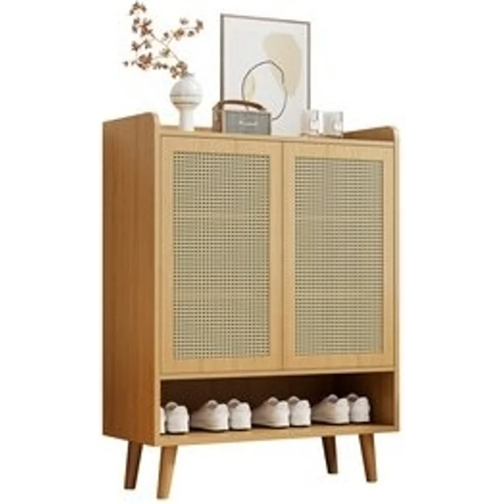 OKWISH Schuhschrank aus natürlichem Rattan mit 2 Türen und 5 Regalböden,B80/H105/T35 cm – Bild 6