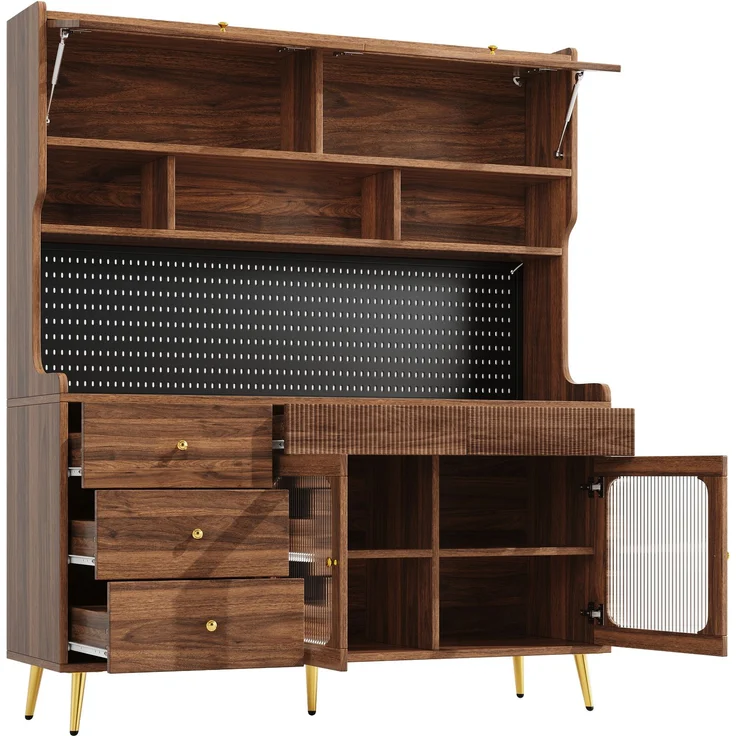 ZUBALIYA LED-Küchenschrank 145x39x171 cm, mit App-Steuerung, mit Stauraum, MDF/Glas, Nussbaum – Bild 18