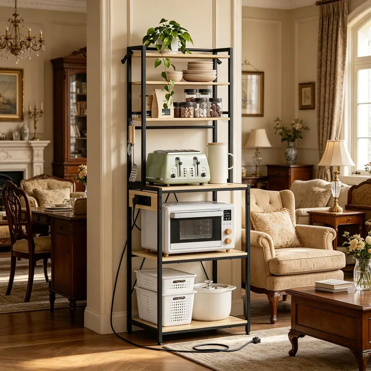 Stabil Coffee Bar Station,Küchenregal mit Steckdosen,Küchenkomode,Mini Küche Arbeitsstation,Display-Regal--Helles Eichenholz--40x60x167cm--YOUDENOVA