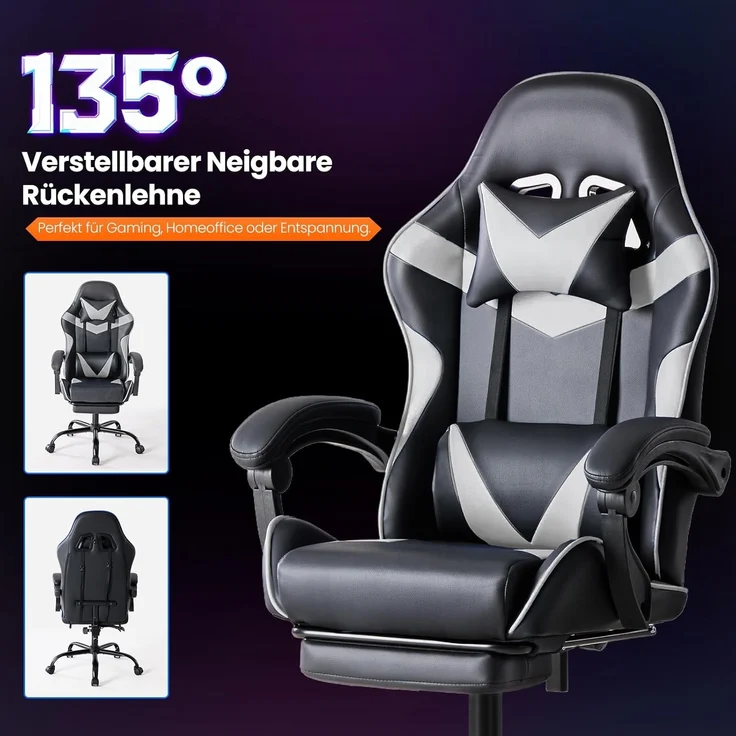 Sweetcrispy Gaming Stuhl, Gaming Chair mit Fußstütze Kopfstütze Lendenwirbelstütze, Ergonomischer PC Stuhl, Höhenverstellbarer Bürostuhl Computerstuhl, Gamer Stuhl, Drehbarer Schreibtischstuhl, Weiß – Bild 5