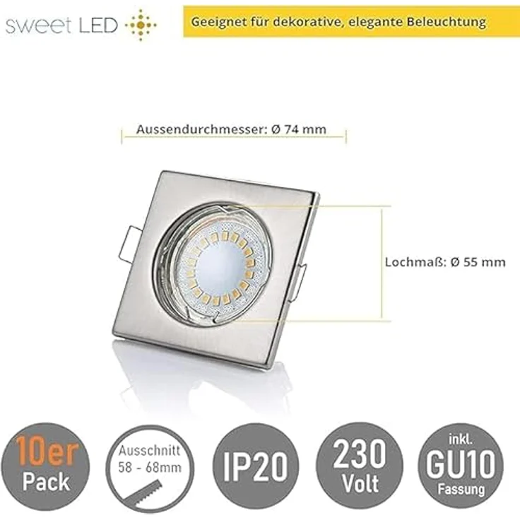 Sweet LED LED Einbaustrahler 10er Set 5W GU10 Deckenspots 230V eckig chrom-gebürstet, LED fest integriert, 3000K-Warmweiß, Deckenspots, Deckenstrahler, Einbauleuchten – Bild 5