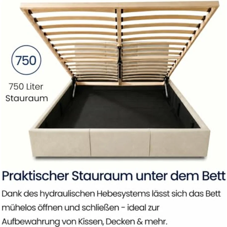 Home Collective Polsterbett Doppelbett mit Lattenrost & Stauraum, 120x200 bis 180x200 cm, samtweicher Veloursstoff in Beige, flexibler Lattenrost mit Härtegradeinstellung – Bild 3