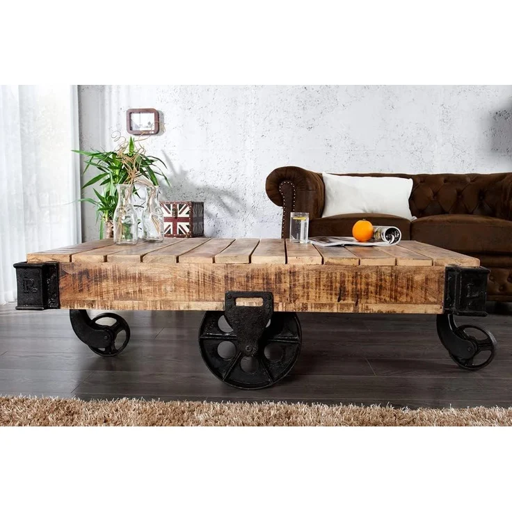 riess-ambiente Couchtisch RAILWAY 120cm natur / schwarz, Wohnzimmer · Massivholz · Metall · auf Rädern · Industrial – Bild 5
