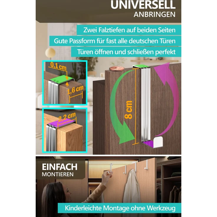 Aurelia Home Türhaken zum Einhängen, 6er-Set, Silber – für Türen und Schranktüren, bis 8 kg – Bild 4