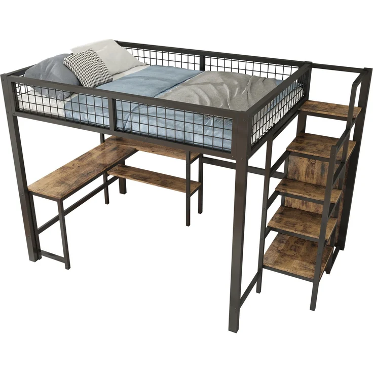 Hochbett, 140*200 cm, Eisenbett, Ablageleiter, mehrere Regale, Ohne Matratze, Einbauschrank, Schreibtisch, schwarz – Bild 5