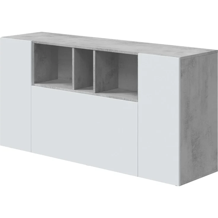 Habitdesign, modernes Sideboard mit 3 Türen und 3 offenen Fächern – Buffet & Beistellschrank für Wohnzimmer oder Esszimmer in Zementgrau & Artik weiß, Maße: 150 x 76 x 41 cm (B x H x T), Modell Loira – Bild 1
