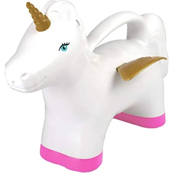 Süße Einhorn Gießkanne 1,7L in Rosa Weiß Gold. Kunststoff Kanne mit Flügeln
