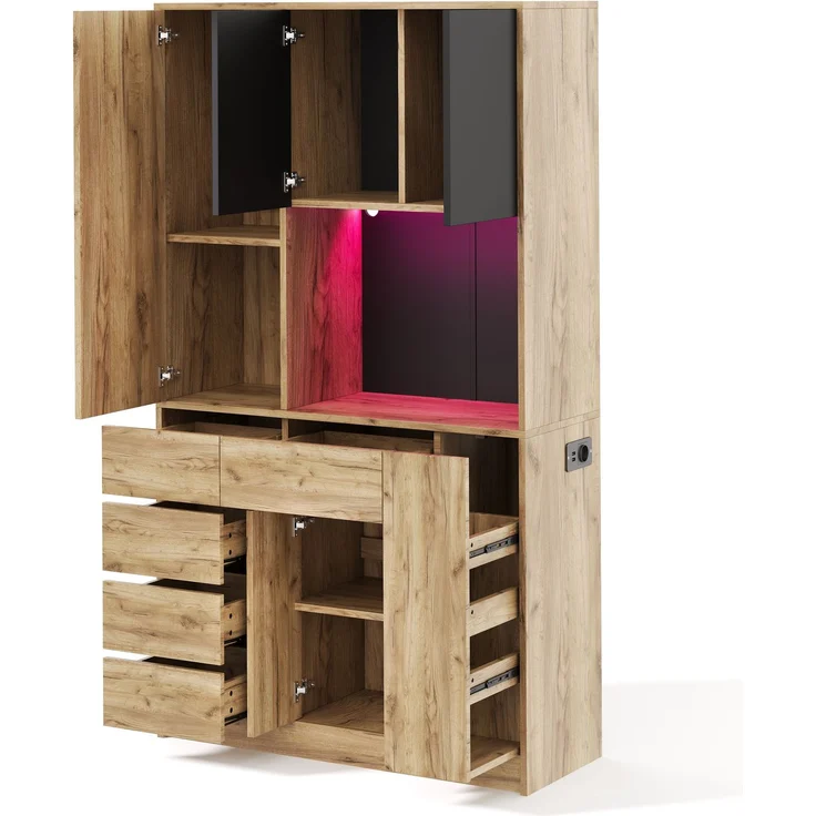 ZUBALIYA Küchenschrank 105x40x185 cm, mit LED-Beleuchtung, mit Steckdosen, mit verstellbaren Einlegeböden, aus MDF, Schwarz / Natur – Bild 11