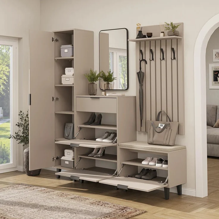 Roomart NORD Garderobenset 5-teilig – Hochschrank, Schuhschrank, Sitzbank, Garderobenpaneel & Spiegel – Flurgarderobe – H 199 x B 45 x T 35 cm (Hochschrank) • Beige – Bild 3