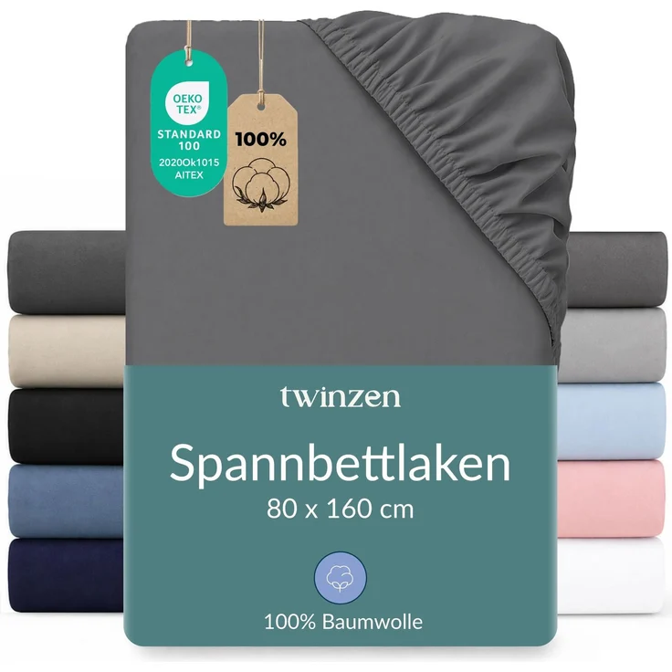 Twinzen Spannbettlaken Baumwoll-Jersey 80x160 Anthrazit Steghöhe 15 cm
