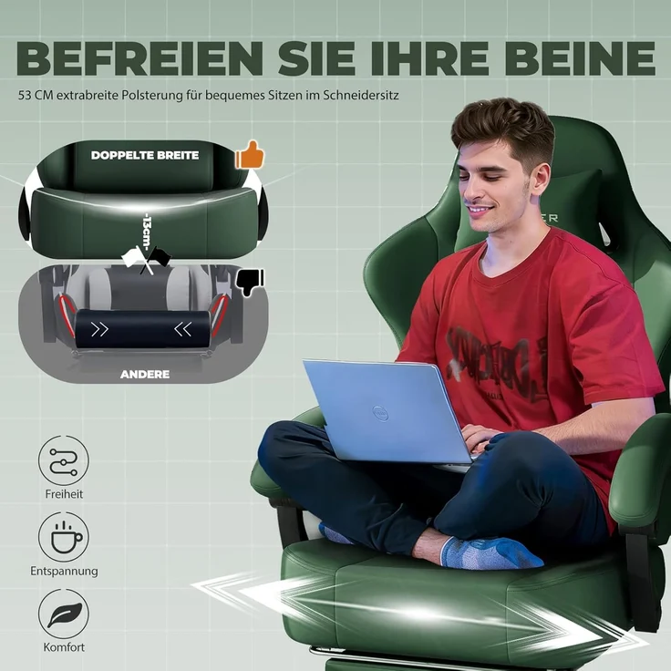 GTPLAYER Gaming-Stuhl Atmungsaktiver Bürostuhl, ergonomisch Hochwertiger - Stoff/Kunstleder, 160° Verstellbare Rückenlehne und ausziehbare Fußstütze – Bild 7