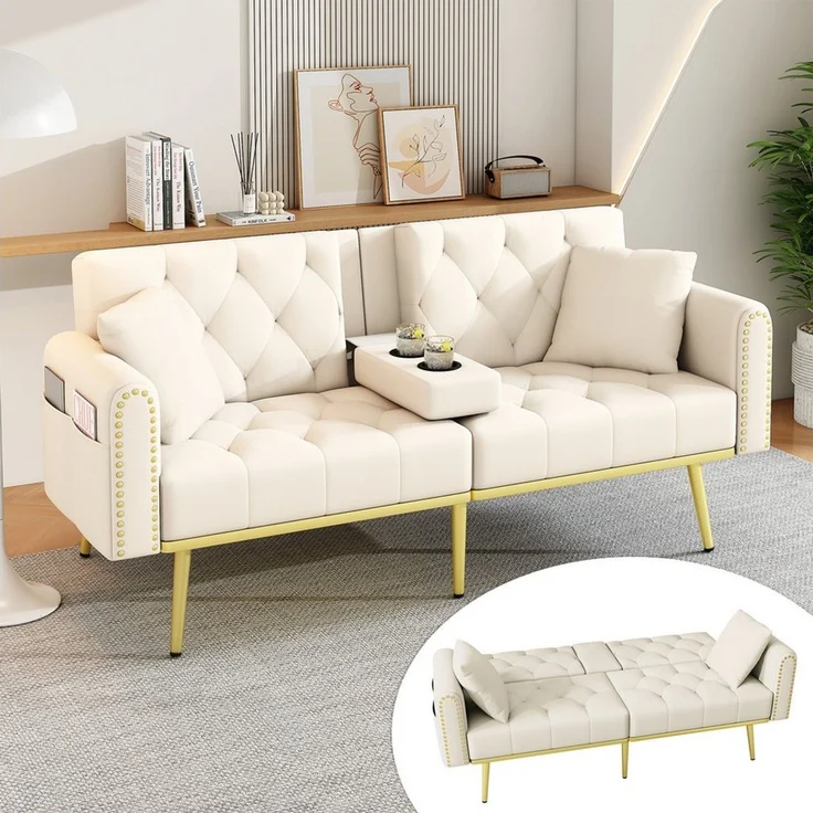 Merax Schlafsofa mit 3 verstellbaren Neigungswinkeln & ausklappbarer Liegefunktion, 2 sitzer Klappsofa Polstersofa mit bettfunktion 1 Teile, Sofa klappbar mit Getränkehalter, Zierkissen & Seitentasche, Samtbezug – Bild 5