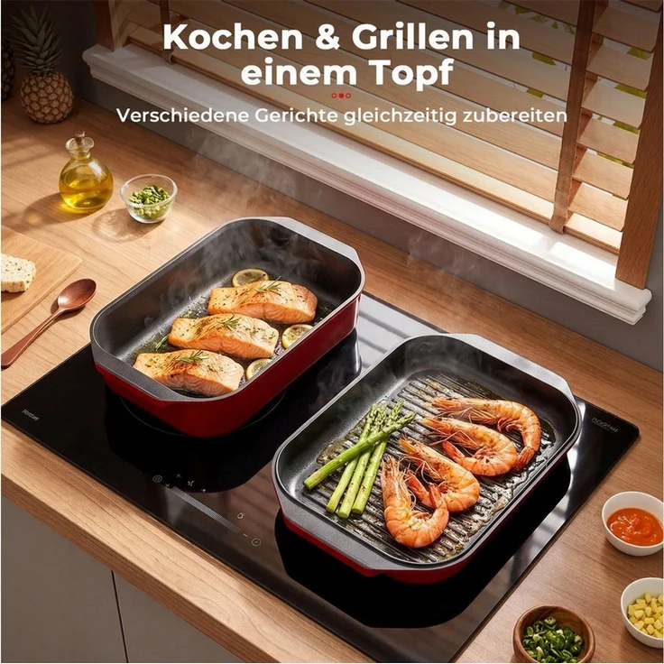 FOHERE Bräter Aluguss 2in1, 8,9L (5,97+2,93), Karree Rechteckbräter 39x26 cm, (2-tlg), Aluminiumguss – Bild 3