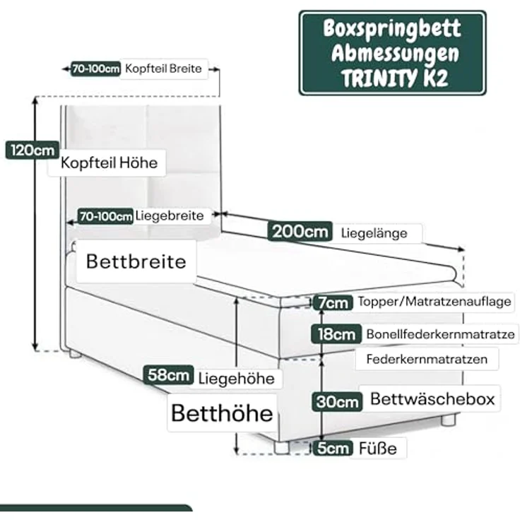 Best for Home Boxspringbett K2 SINGLE mit Bettkasten (Grun 100x200) – Bild 6