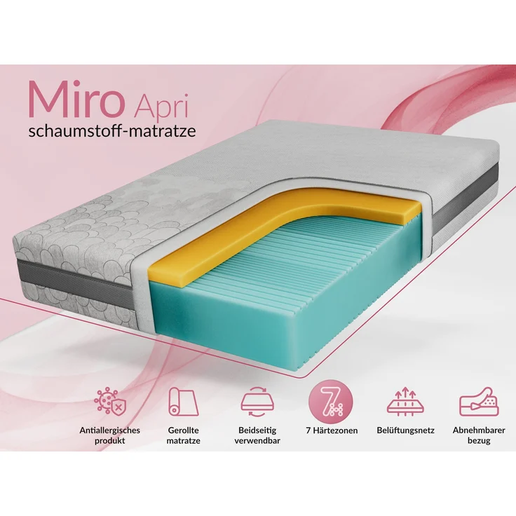Kaltschaum matratze H2 mit Visco, Höhe 21 cm, Rollmatratze für Allergiker, 7 Zonen, abnehmbarer, waschbarer Bezug - 160 x 200 cm - MIRO - APRI – Bild 2