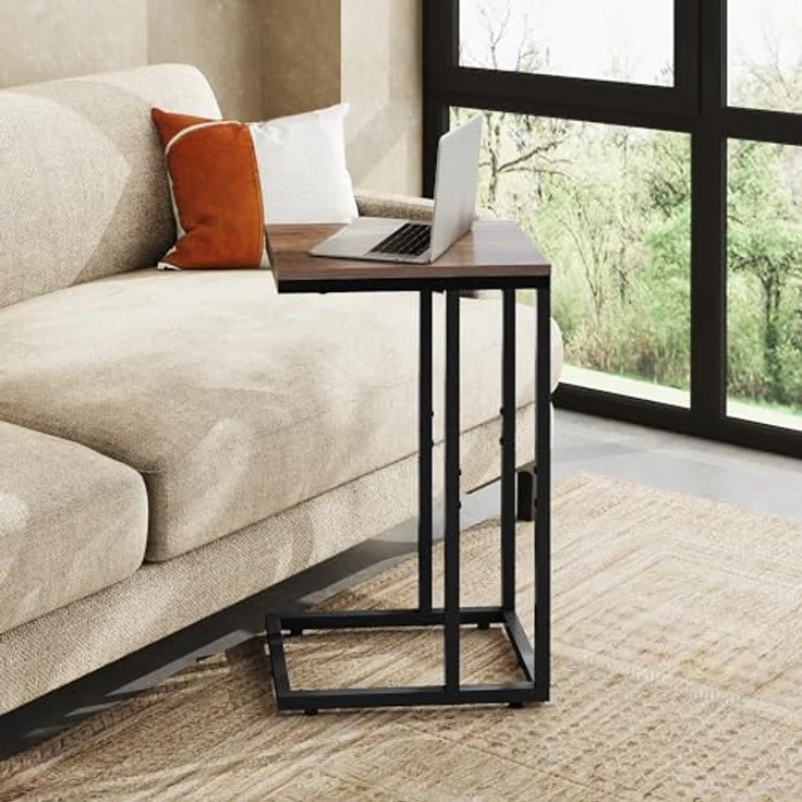 WLIVE Beistelltisch C Form, Nachttisch für Schlafzimmer, Wohnzimmer, Beistelltische mit Metallrahmen, Wohnzimmer Tisch für Couch, Sofatisch Braun – Bild 9