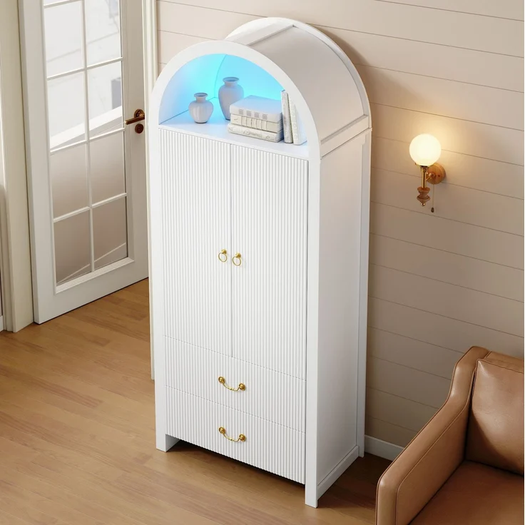 Hochschrank 76 x 38 x 180 cm in Weiß mit App-gesteuerter LED-Beleuchtung und geriffelter Front – Bild 5