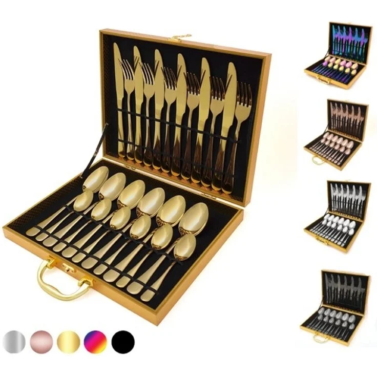 Besteckset 24-tlg Edelstahl für 6 Pers. mit Holzbox Gold – Bild 4
