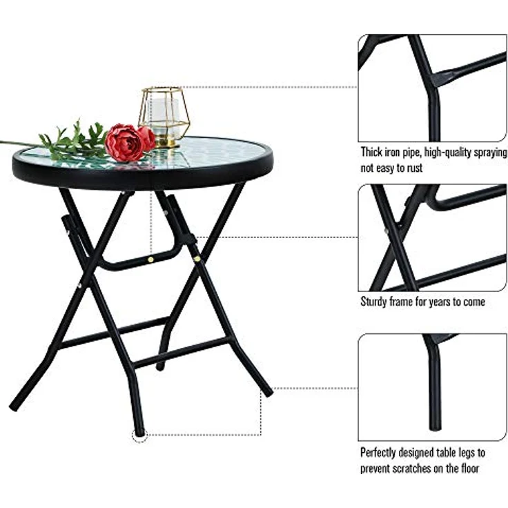 PHI VILLA Klappbar Runder Beistelltisch Glas aus Metall Gartentisch Kaffeetisch Klein Balkontisch wetterfest pflegeleicht für Balkon Garten Terrasse Wohnzimmer – Bild 6