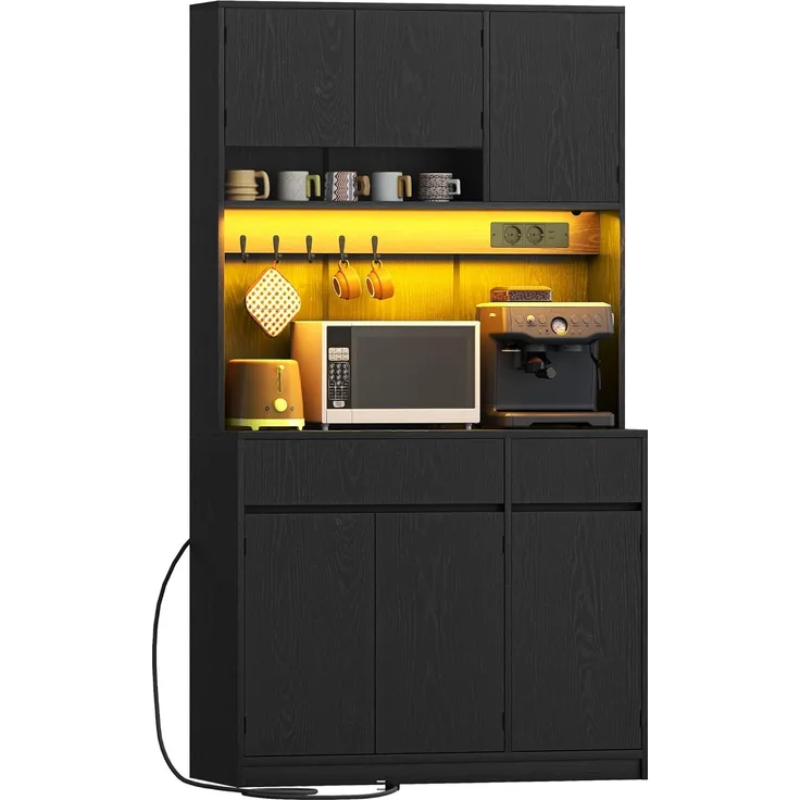 Küchenschrank, mit Steckdosen und Led-Lichtleisten, mit Arbeitsplatten und 2 Schubladen, Verstellbare Einlegeböden, Holz Schwarz, 40 x 100 x 180 cm