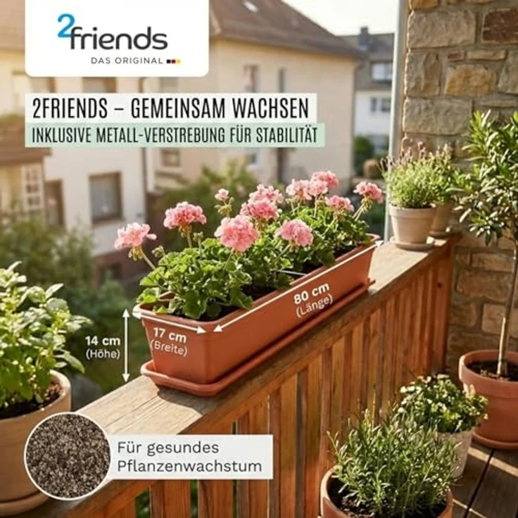 Centi Balkonkasten Blumenkasten Balkon, Balkonkasten, Blumenkasten Fensterbank außen (Set, 4 St, 80 cm, Terracotta, Made in EU), Blumenkasten Untersetzer, Balkonkästen aus Kunststoff – Bild 4
