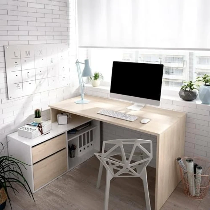Dmora - Gardena-Schreibtisch, Schreibtisch mit Mehreren Positionen für das Büro oder Schlafzimmer, Mehrzweck-Ecktisch, 139 x 92 x 75 cm, Weiß und Eiche – Bild 2